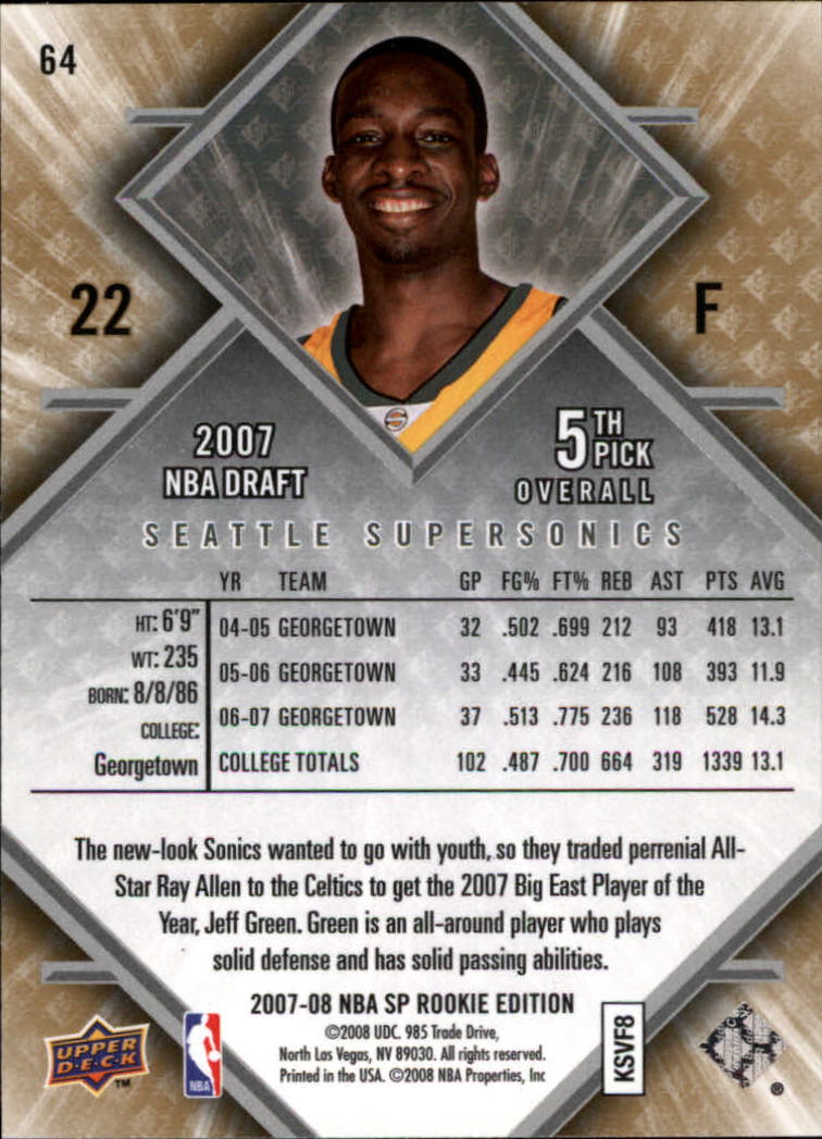 2007-08 SP Rookie Edition #64 Jeff Green RC back image