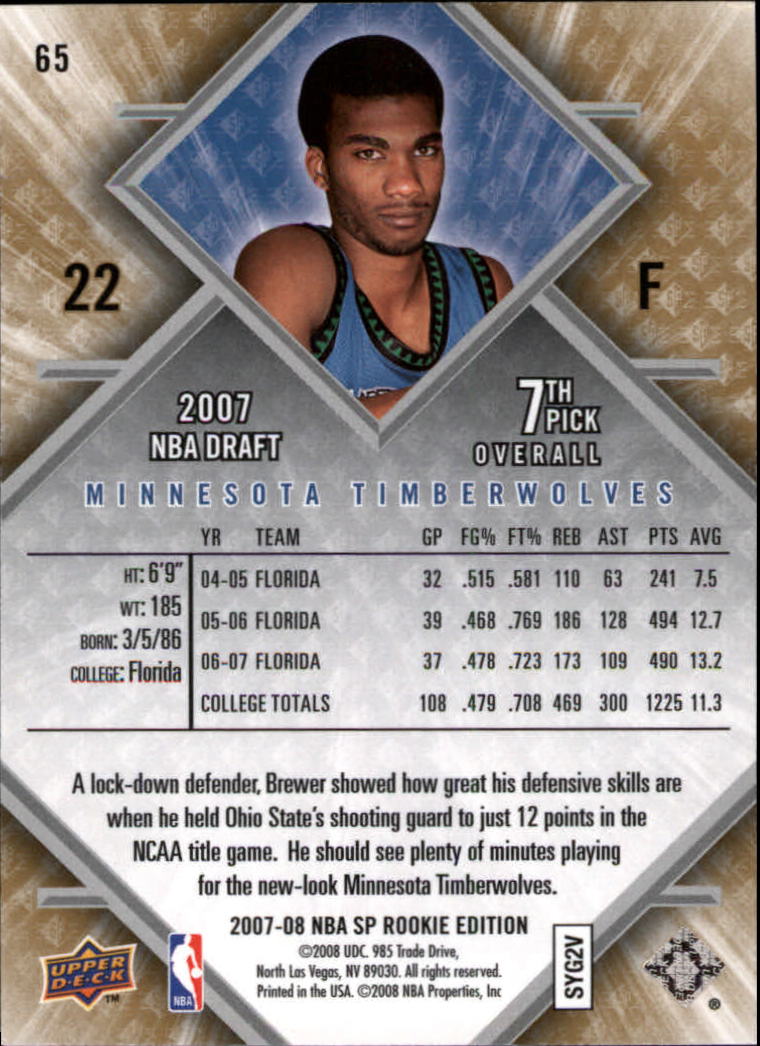2007-08 SP Rookie Edition #65 Corey Brewer RC back image