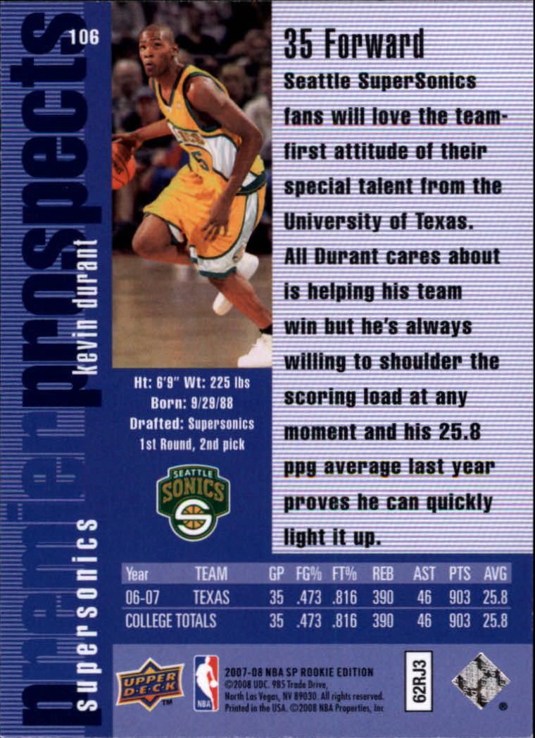2007-08 SP Rookie Edition #106 Kevin Durant 96-97 back image