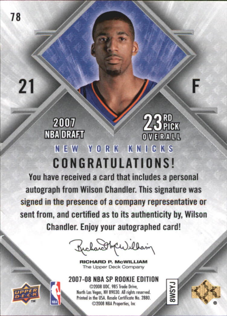 2007-08 SP Rookie Edition Rookie Autographs #78 Wilson Chandler back image