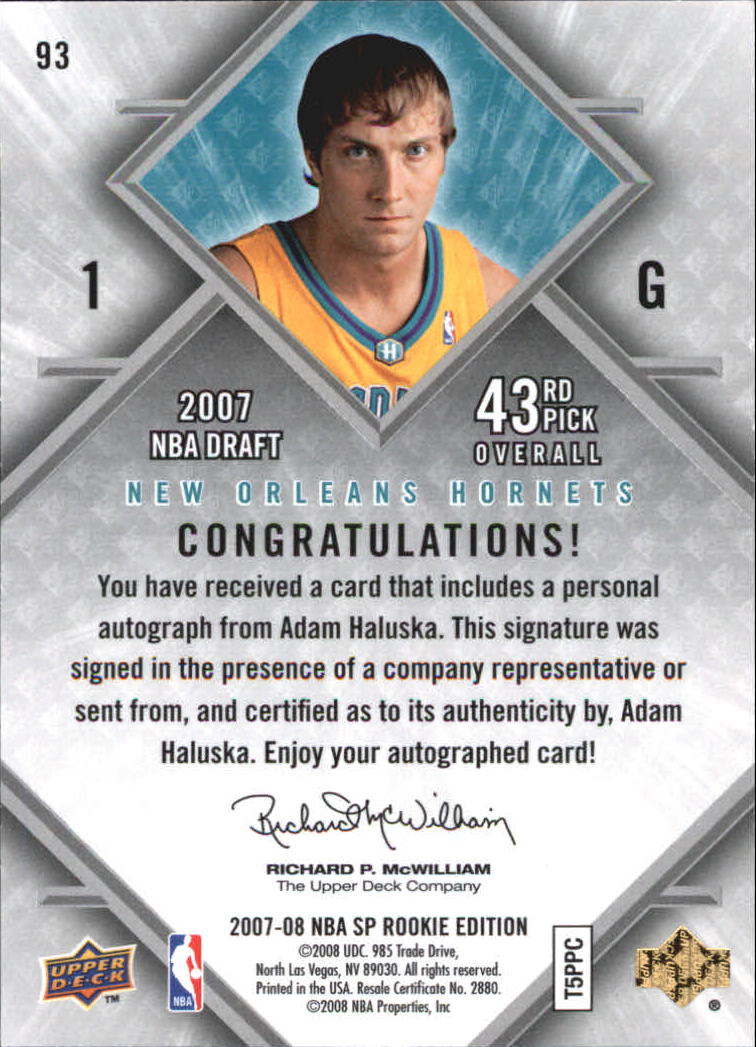 2007-08 SP Rookie Edition Rookie Autographs #93 Adam Haluska back image