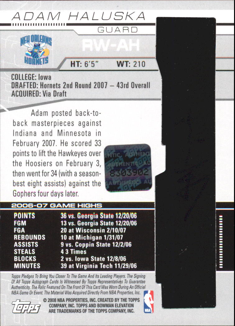 2007-08 Bowman Elevation Rookie Writings Relics #RWAH Adam Haluska/169 back image