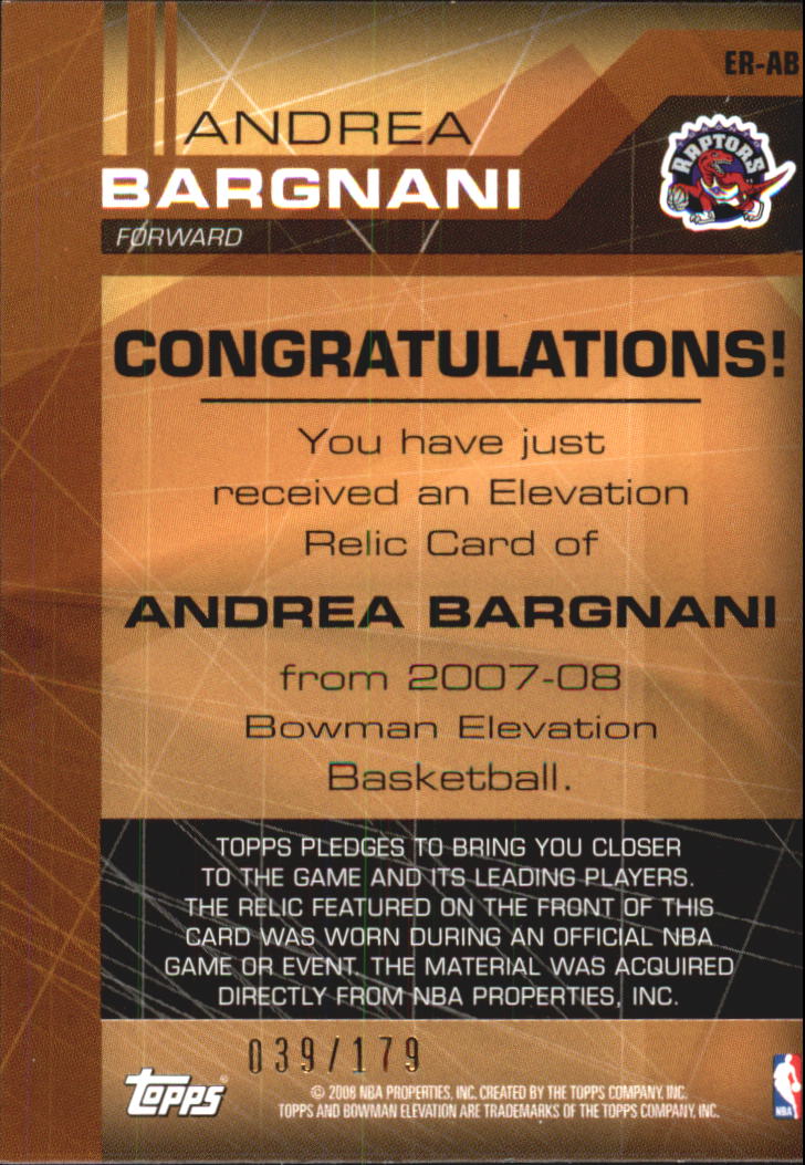2007-08 Bowman Elevation Relics #AB Andrea Bargnani back image