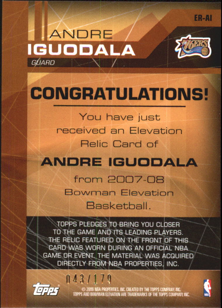 2007-08 Bowman Elevation Relics #AI Andre Iguodala back image