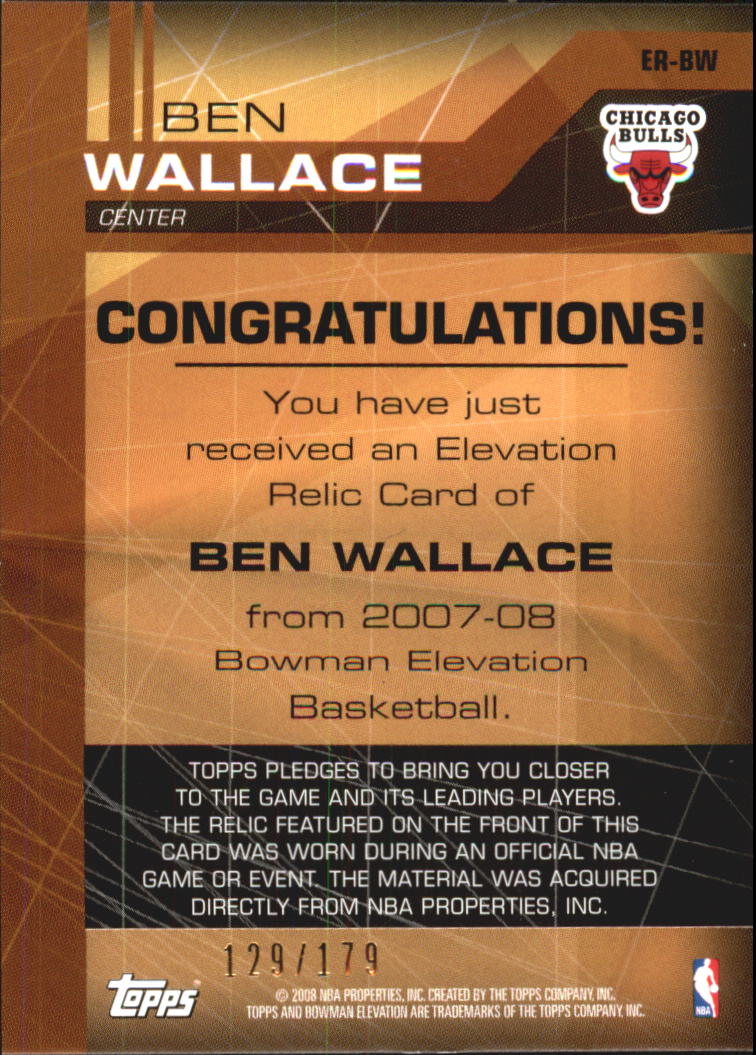 2007-08 Bowman Elevation Relics #BW Ben Wallace back image