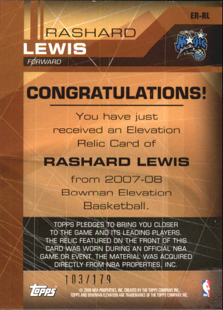 2007-08 Bowman Elevation Relics #RL Rashard Lewis back image