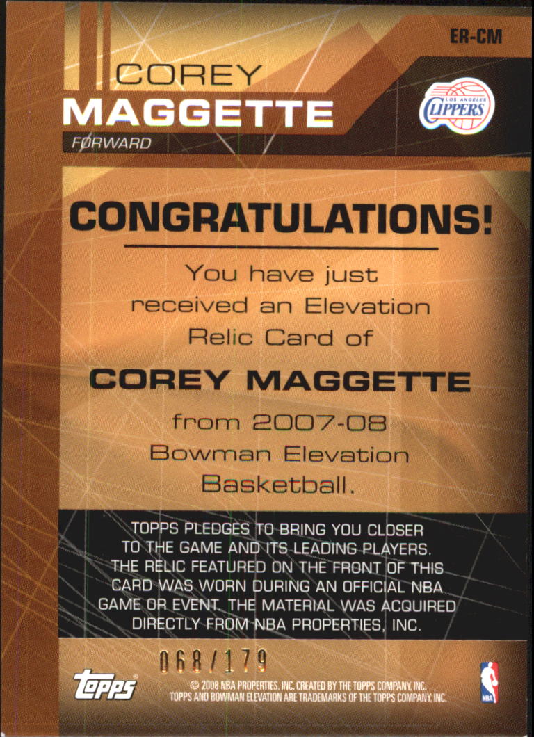 2007-08 Bowman Elevation Relics #CM Corey Maggette back image