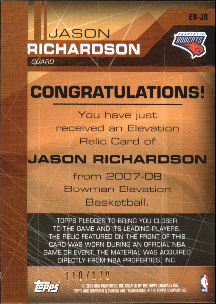 2007-08 Bowman Elevation Relics #JR Jason Richardson back image