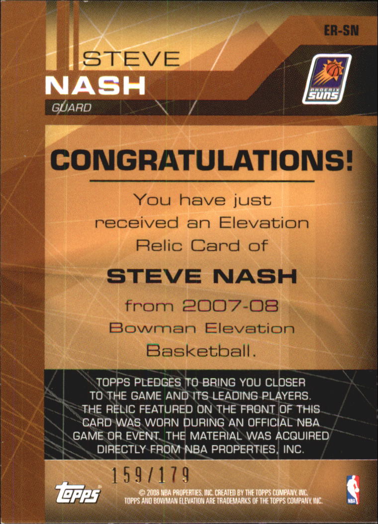 2007-08 Bowman Elevation Relics #SN Steve Nash back image