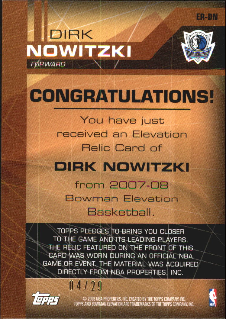 2007-08 Bowman Elevation Relics Green #DN Dirk Nowitzki back image