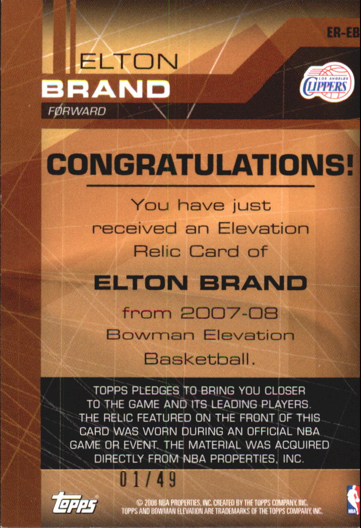 2007-08 Bowman Elevation Relics Red #EB Elton Brand back image