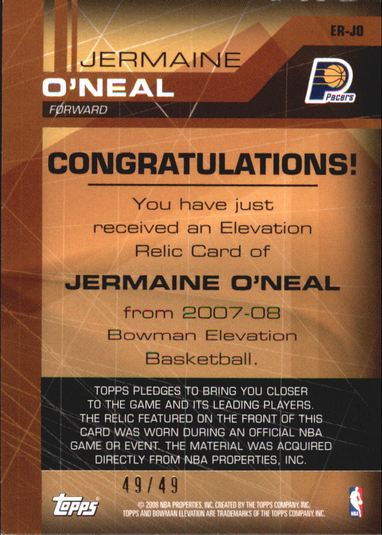 2007-08 Bowman Elevation Relics Red #JO Jermaine O'Neal back image