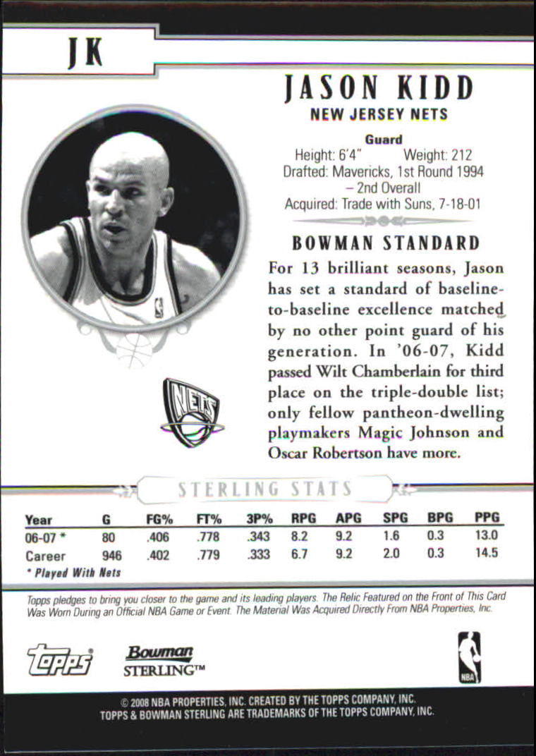 2007-08 Bowman Sterling #JK Jason Kidd JSY/385 back image