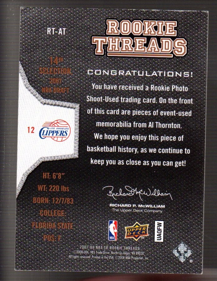 2007-08 SP Rookie Threads Rookie Threads #RTAT Al Thornton back image