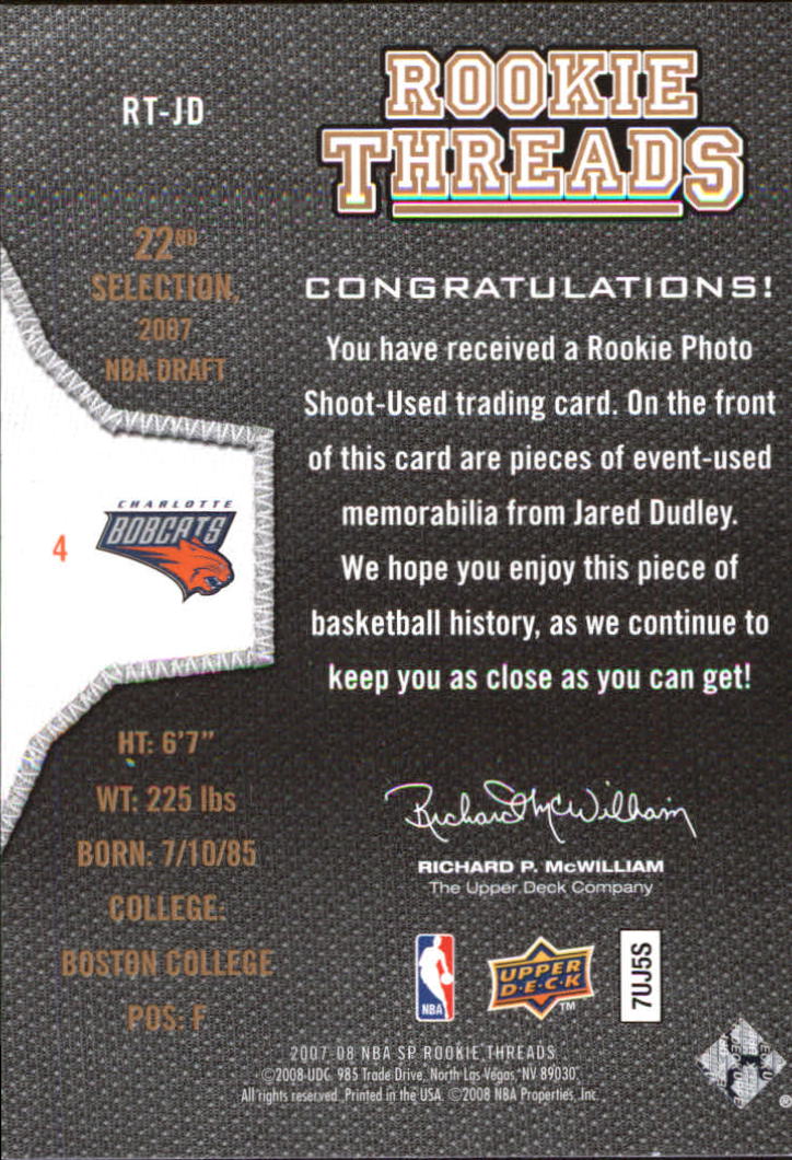 2007-08 SP Rookie Threads Rookie Threads #RTJD Jared Dudley back image