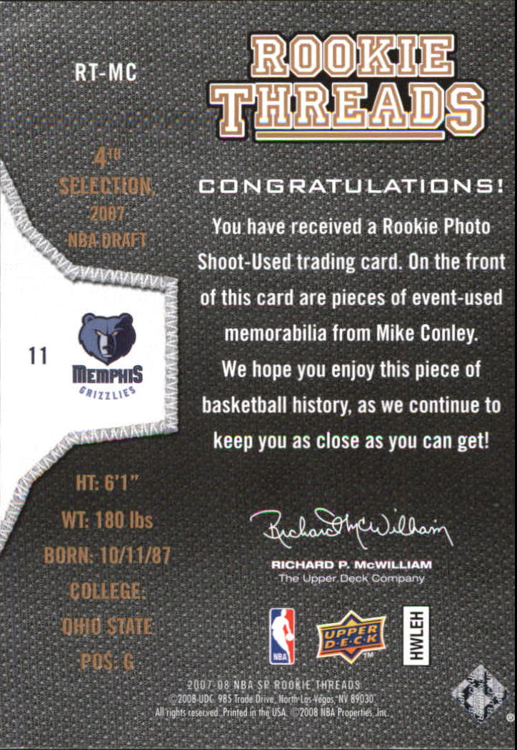 2007-08 SP Rookie Threads Rookie Threads #RTMC Mike Conley Jr. back image