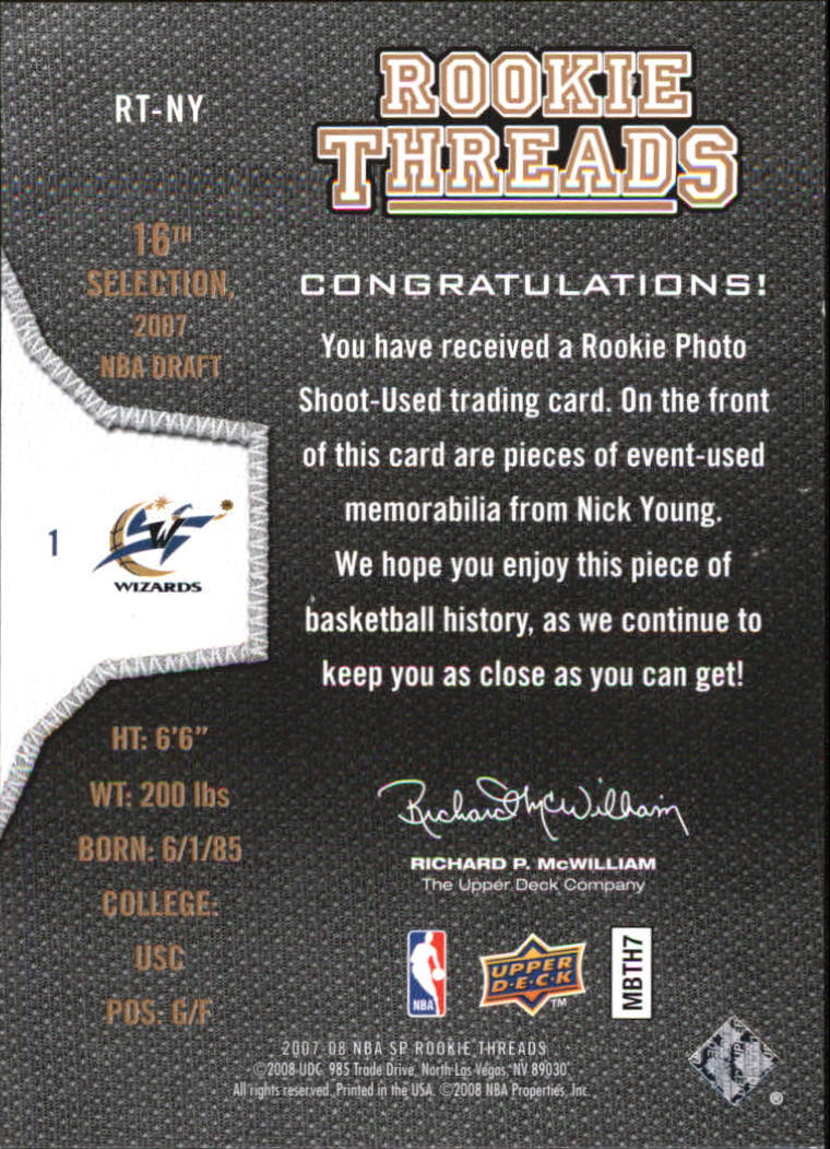 2007-08 SP Rookie Threads Rookie Threads #RTNY Nick Young back image