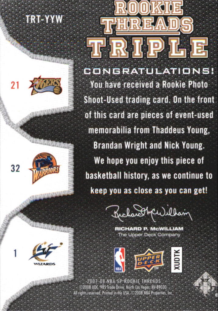 2007-08 SP Rookie Threads Rookie Threads Triple #YYW Young/Wright/Young