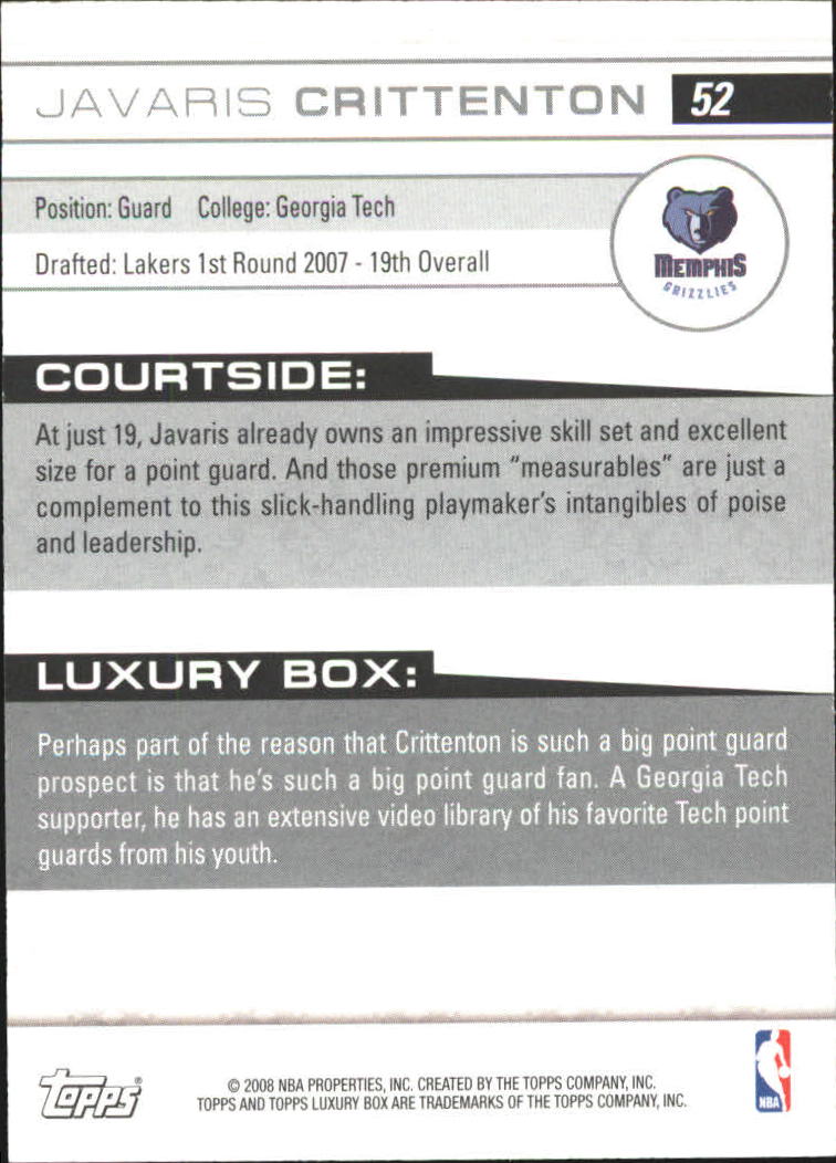 2007-08 Topps Luxury Box #52 Javaris Crittenton RC back image