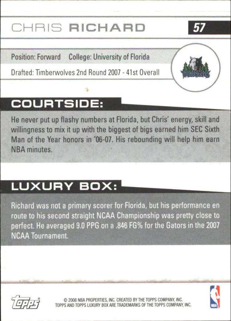 2007-08 Topps Luxury Box #57 Chris Richard RC back image