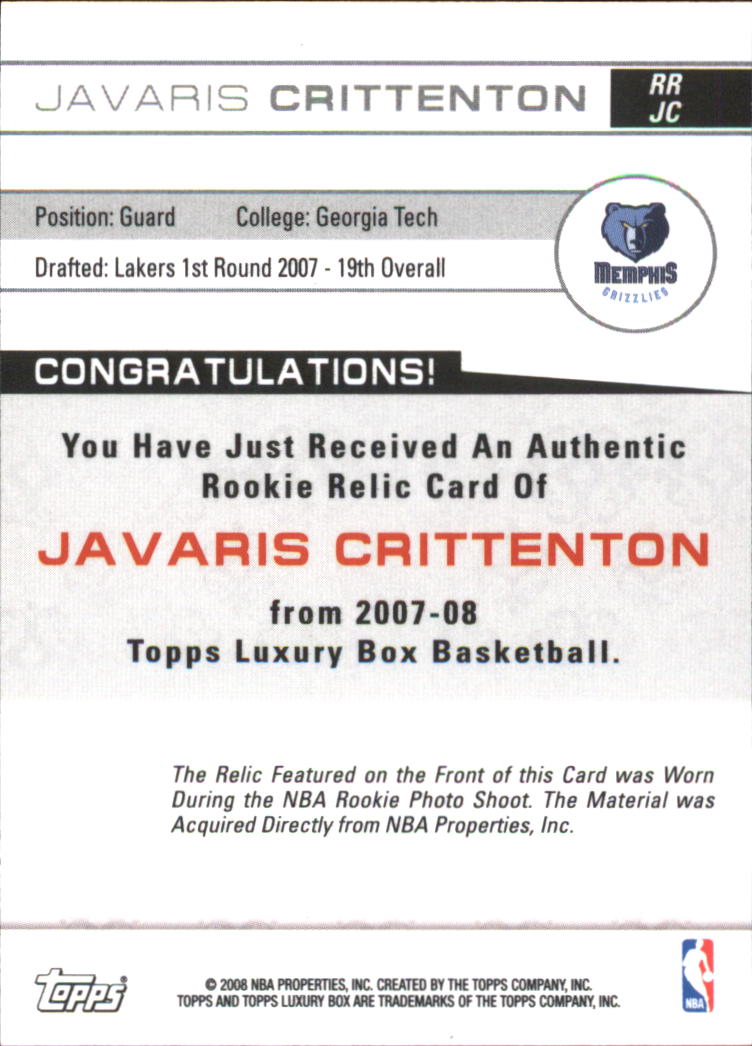 2007-08 Topps Luxury Box Rookie Relics #JC Javaris Crittenton back image