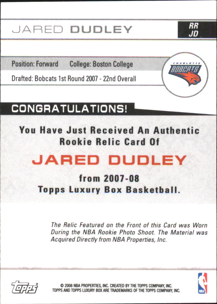 2007-08 Topps Luxury Box Rookie Relics #JD Jared Dudley back image