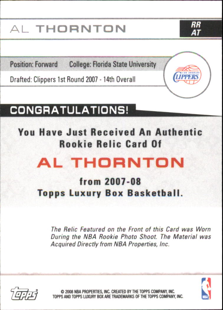 2007-08 Topps Luxury Box Rookie Relics #AT Al Thornton back image