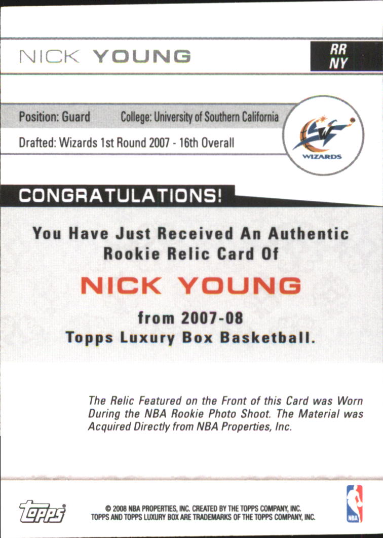 2007-08 Topps Luxury Box Rookie Relics #NY Nick Young back image