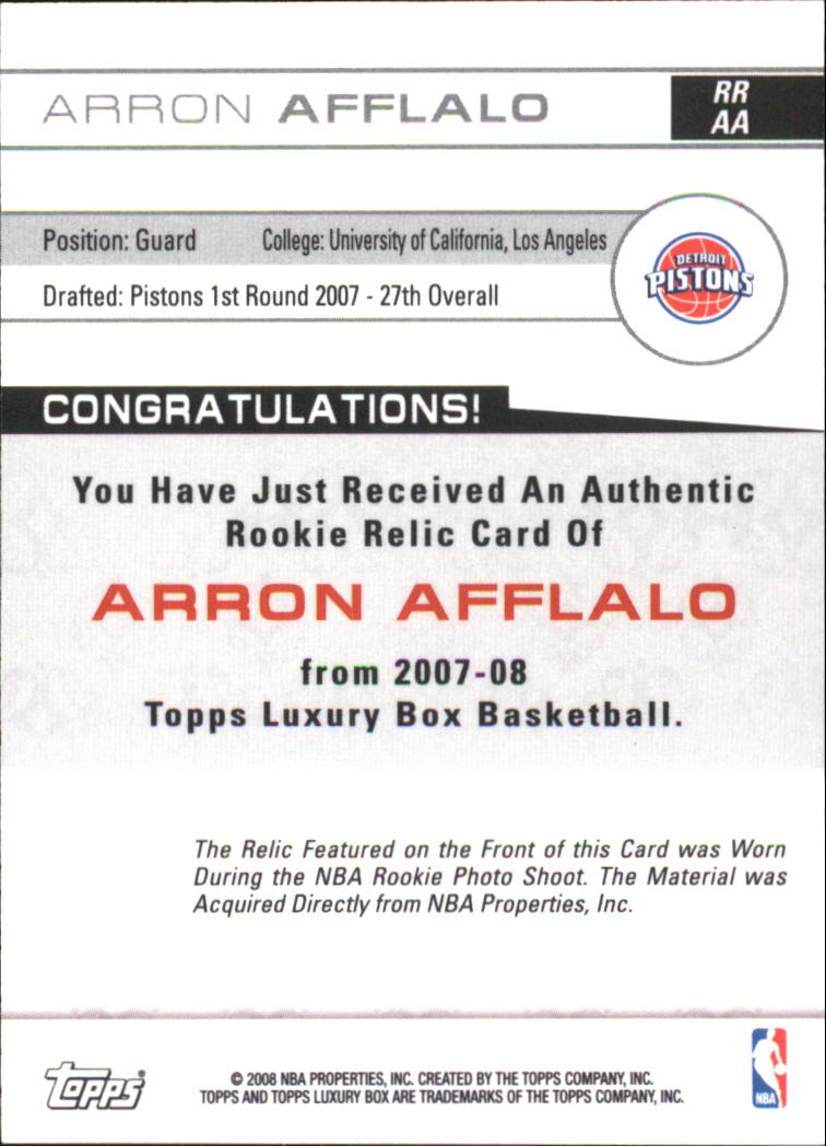 2007-08 Topps Luxury Box Rookie Relics #AA Arron Afflalo back image
