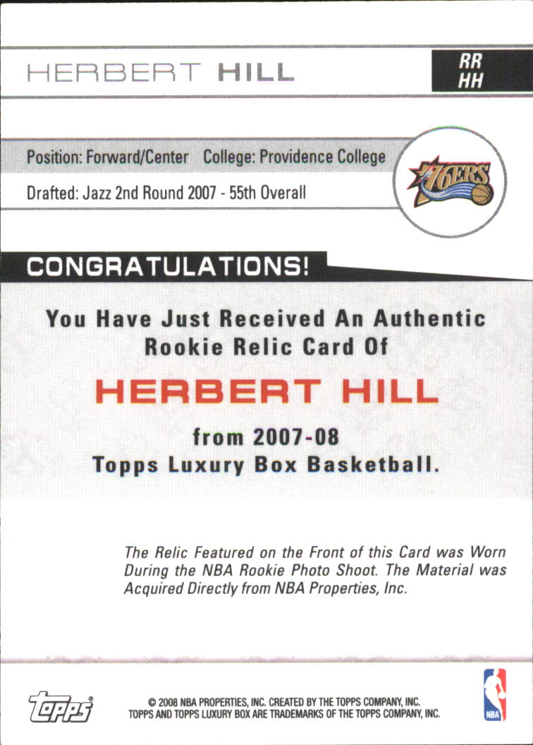2007-08 Topps Luxury Box Rookie Relics #HH Herbert Hill back image