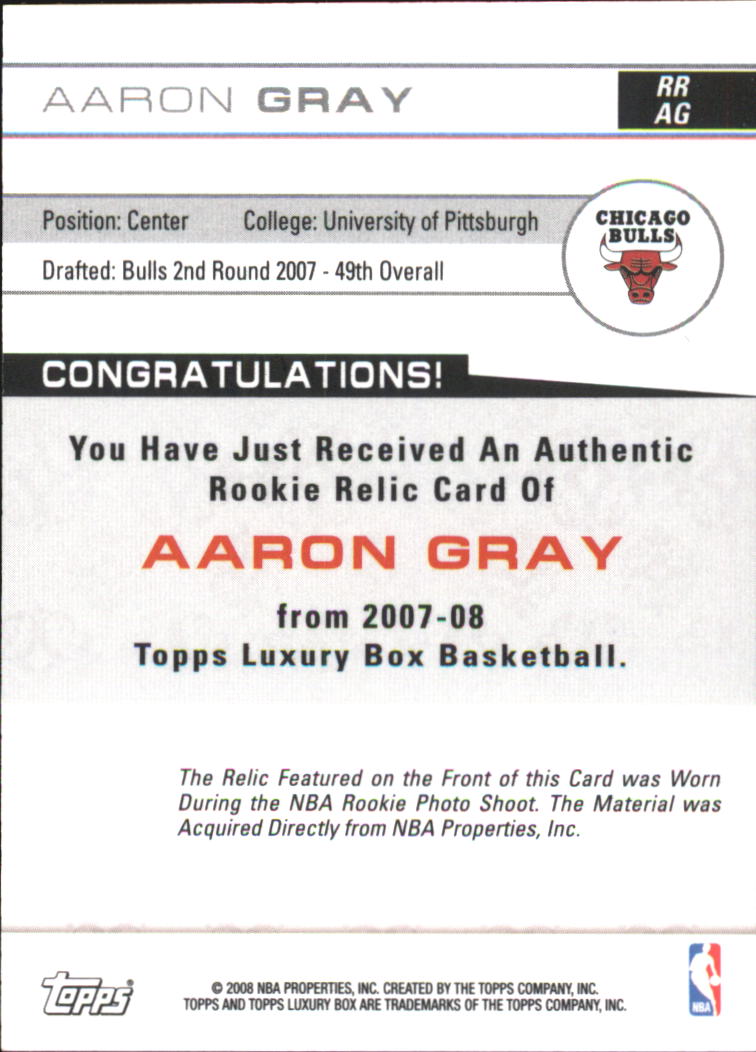 2007-08 Topps Luxury Box Rookie Relics #AG Aaron Gray back image