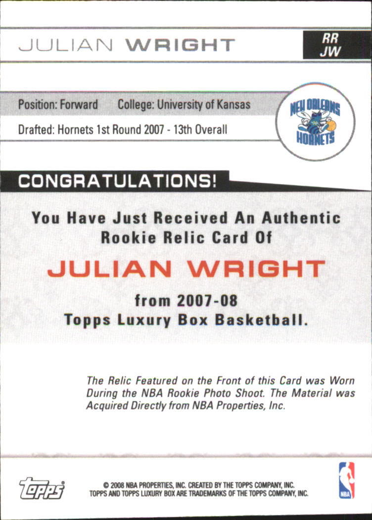 2007-08 Topps Luxury Box Rookie Relics #JW Julian Wright back image
