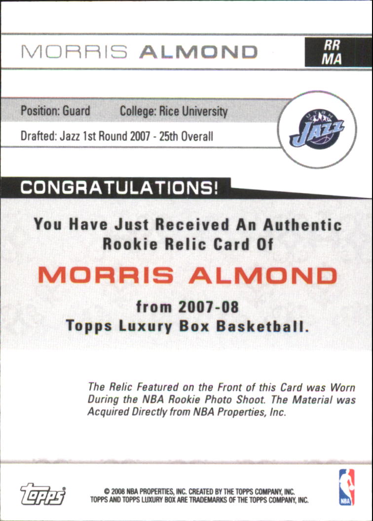 2007-08 Topps Luxury Box Rookie Relics #MA Morris Almond back image