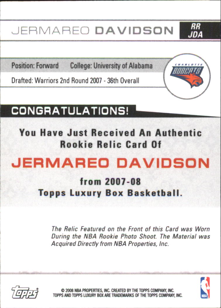 2007-08 Topps Luxury Box Rookie Relics #JDA Jermareo Davidson back image