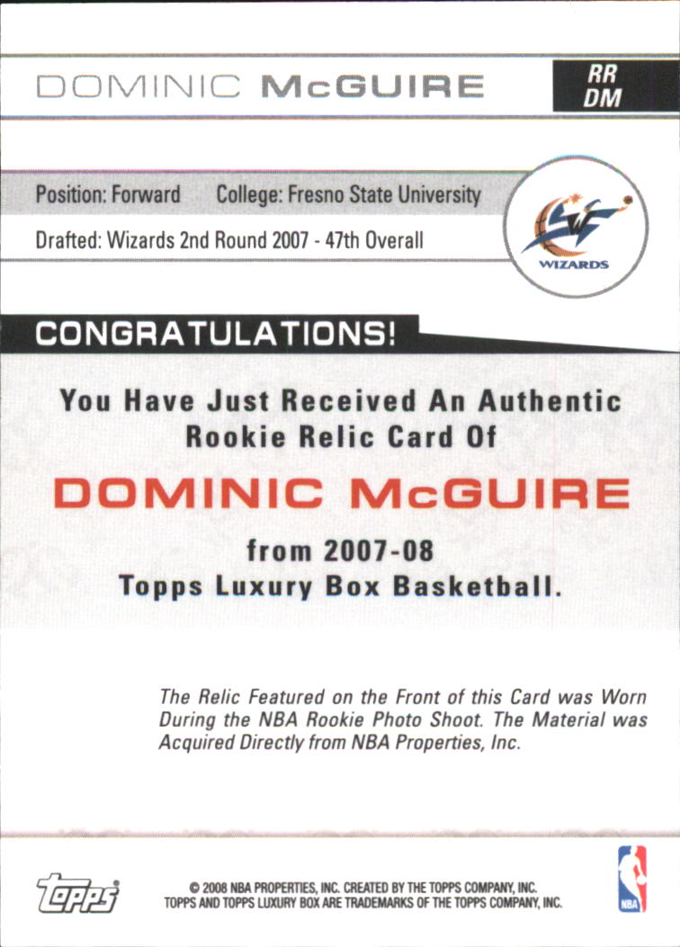 2007-08 Topps Luxury Box Rookie Relics #DM Dominic McGuire back image
