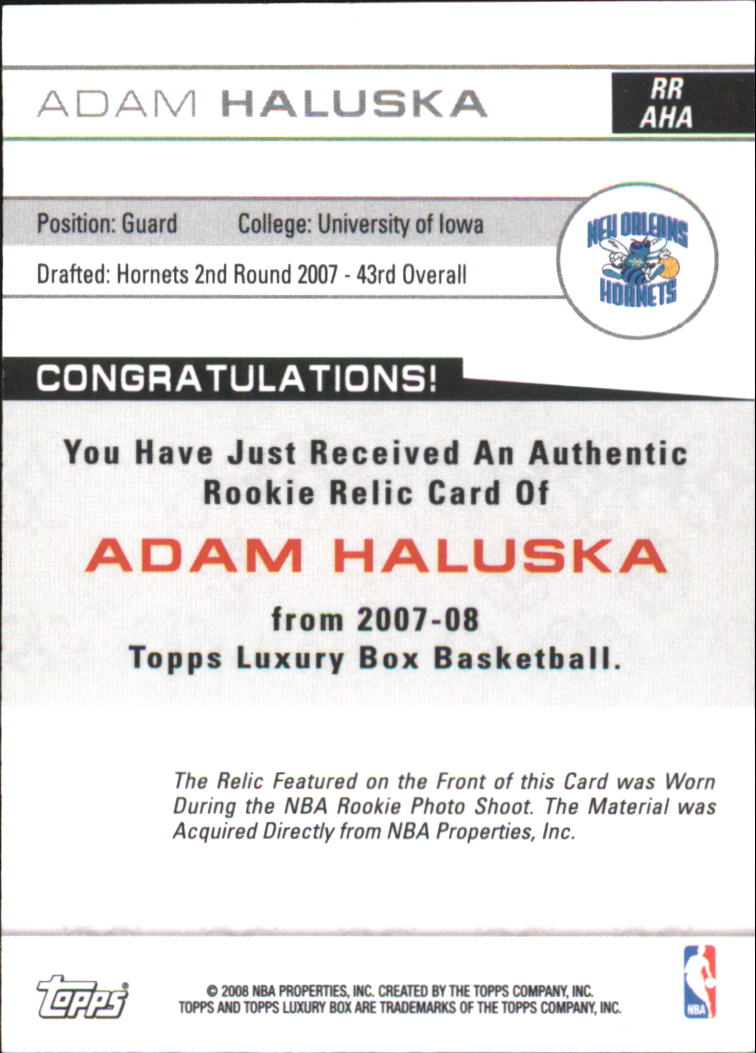 2007-08 Topps Luxury Box Rookie Relics #AHA Adam Haluska back image