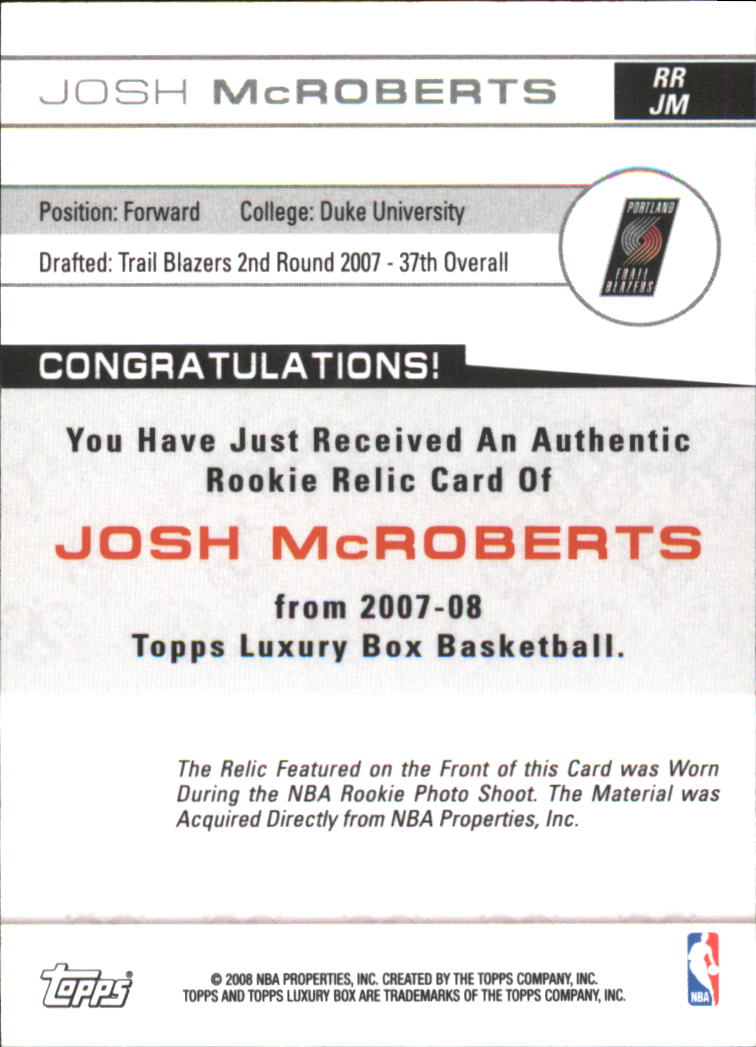 2007-08 Topps Luxury Box Rookie Relics #JM Josh McRoberts back image