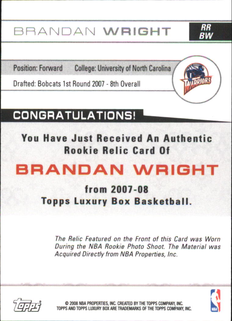 2007-08 Topps Luxury Box Rookie Relics #BW Brandan Wright back image