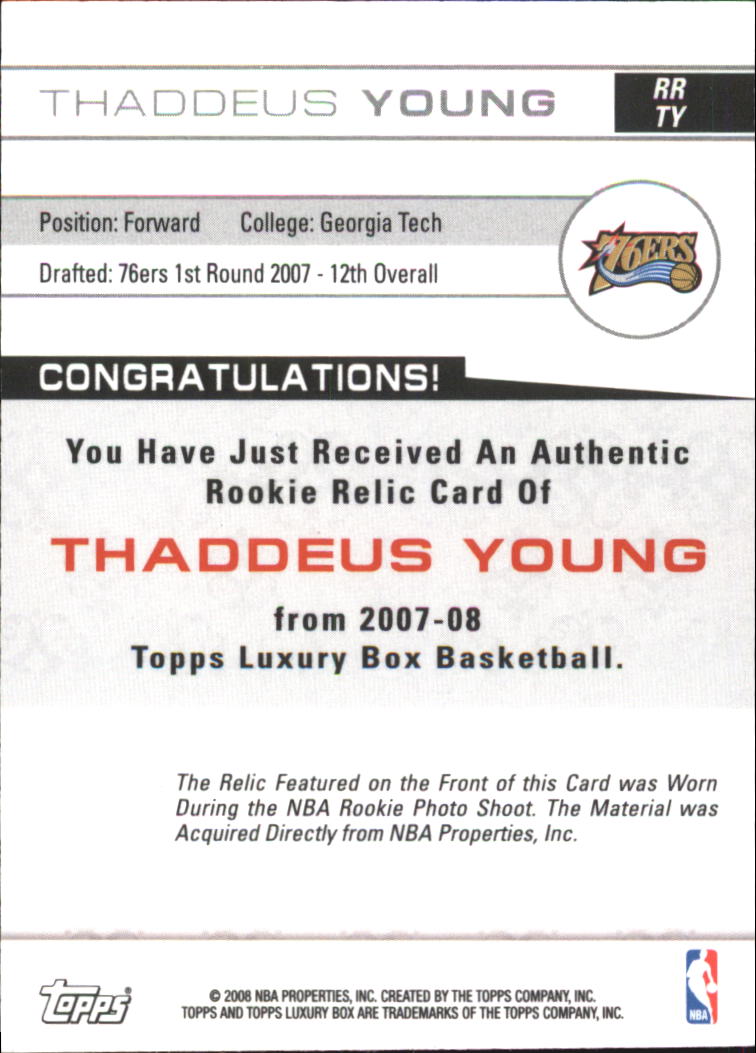2007-08 Topps Luxury Box Rookie Relics Gold #TY Thaddeus Young back image