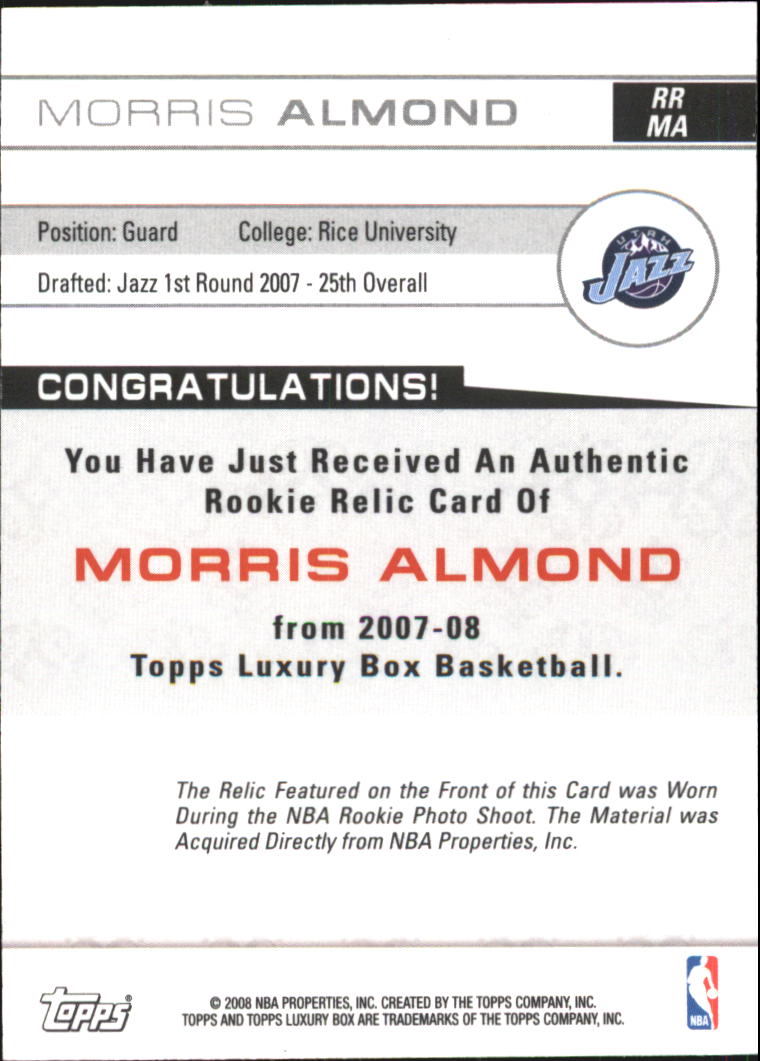 2007-08 Topps Luxury Box Rookie Relics Gold #MA Morris Almond back image