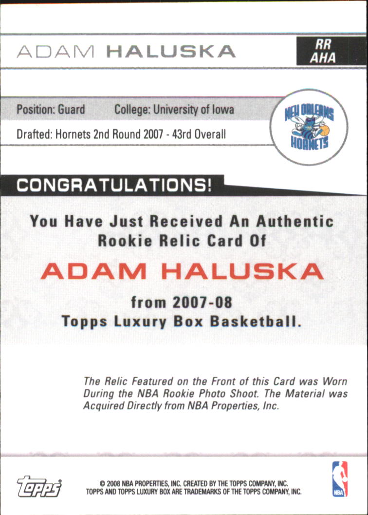 2007-08 Topps Luxury Box Rookie Relics Gold #AHA Adam Haluska back image