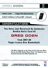 2007-08 Topps Luxury Box Rookie Relics Gold #GO Greg Oden back image
