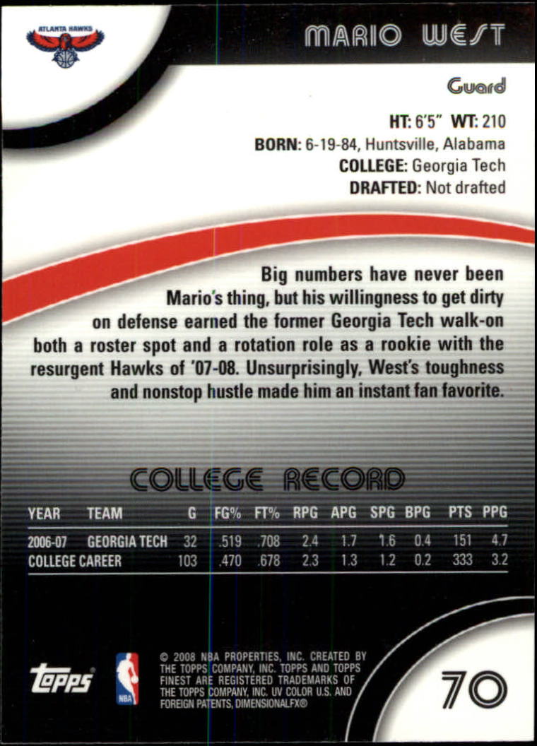 2007-08 Finest #70 Mario West RC back image