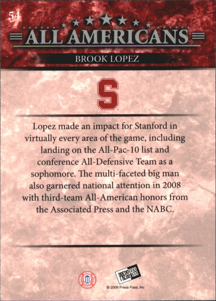 2008 Press Pass #54 Brook Lopez AA back image