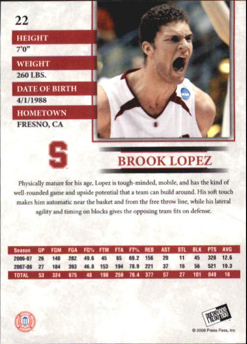 2008 Press Pass Reflectors #22 Brook Lopez back image