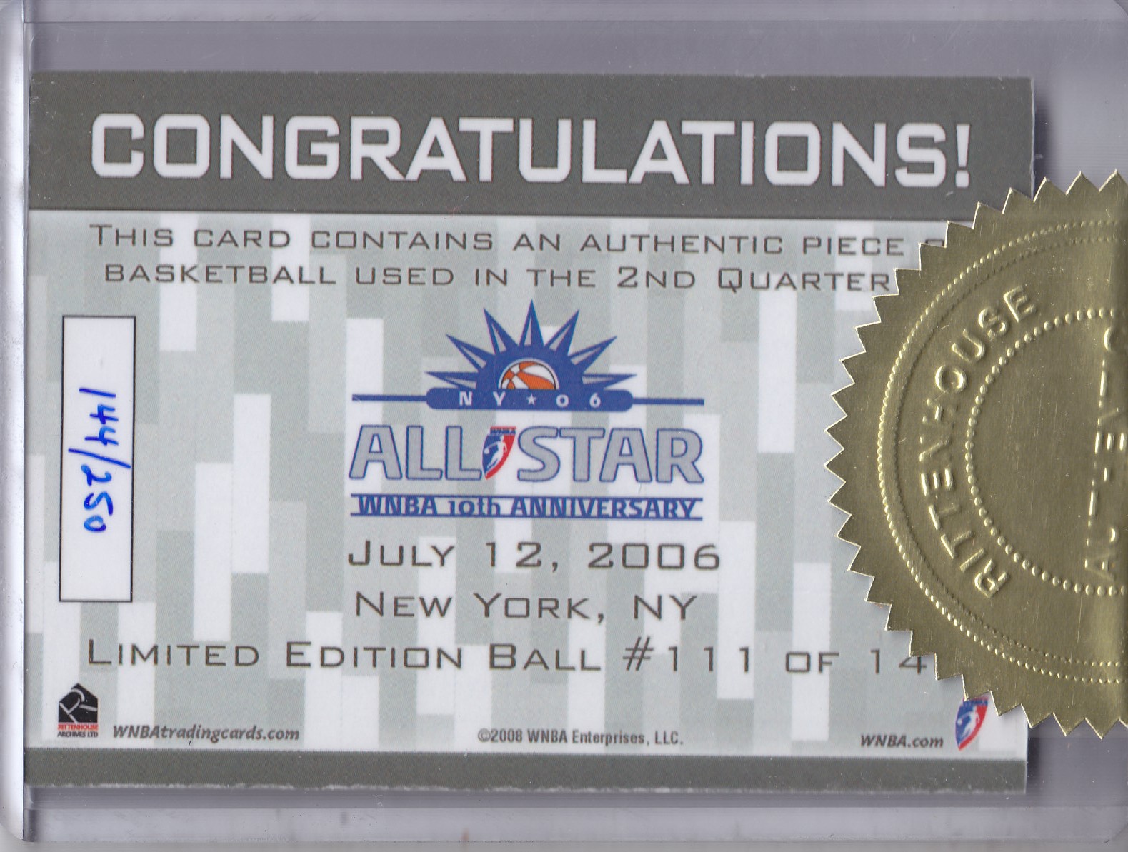 2008 WNBA Case Topper #2Q 2006 All-Star Game 2nd Quarter Ball back image