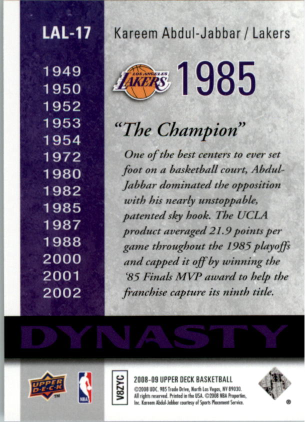 2008-09 Upper Deck Lakers Dynasty #LAL17 Kareem Abdul-Jabbar back image