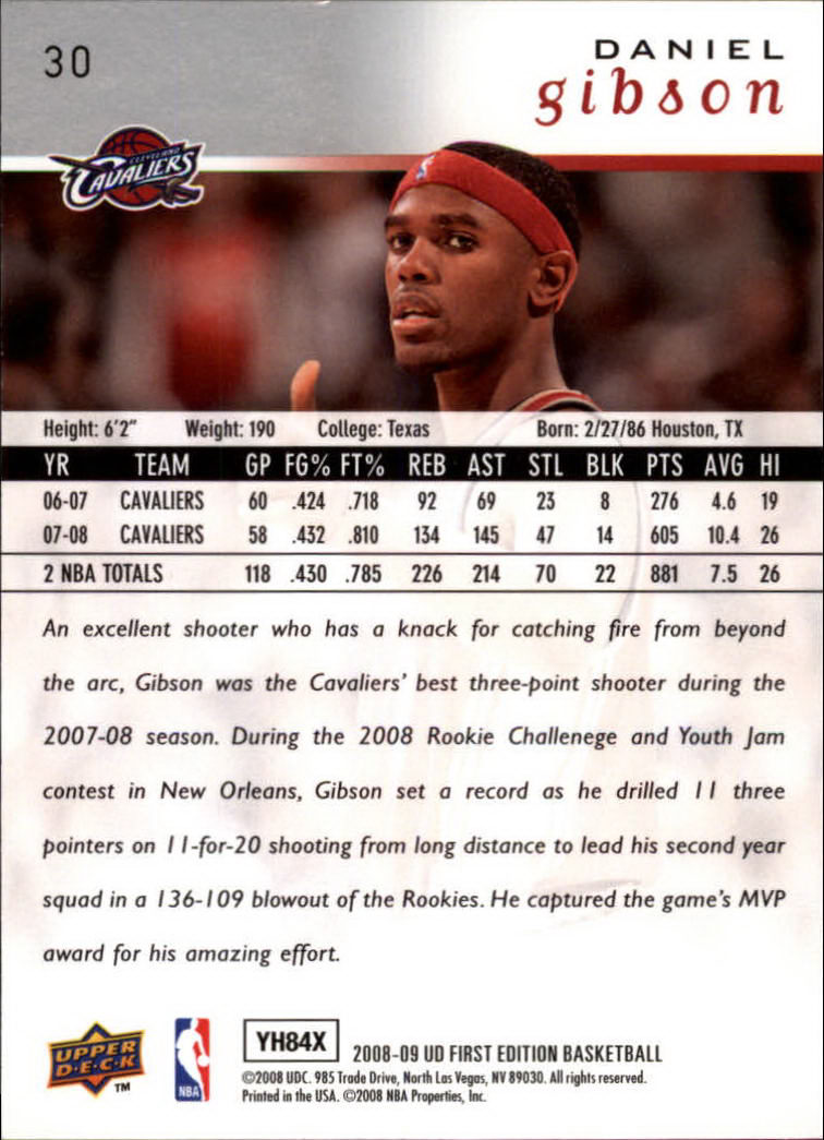 2008-09 Upper Deck First Edition #30 Daniel Gibson back image