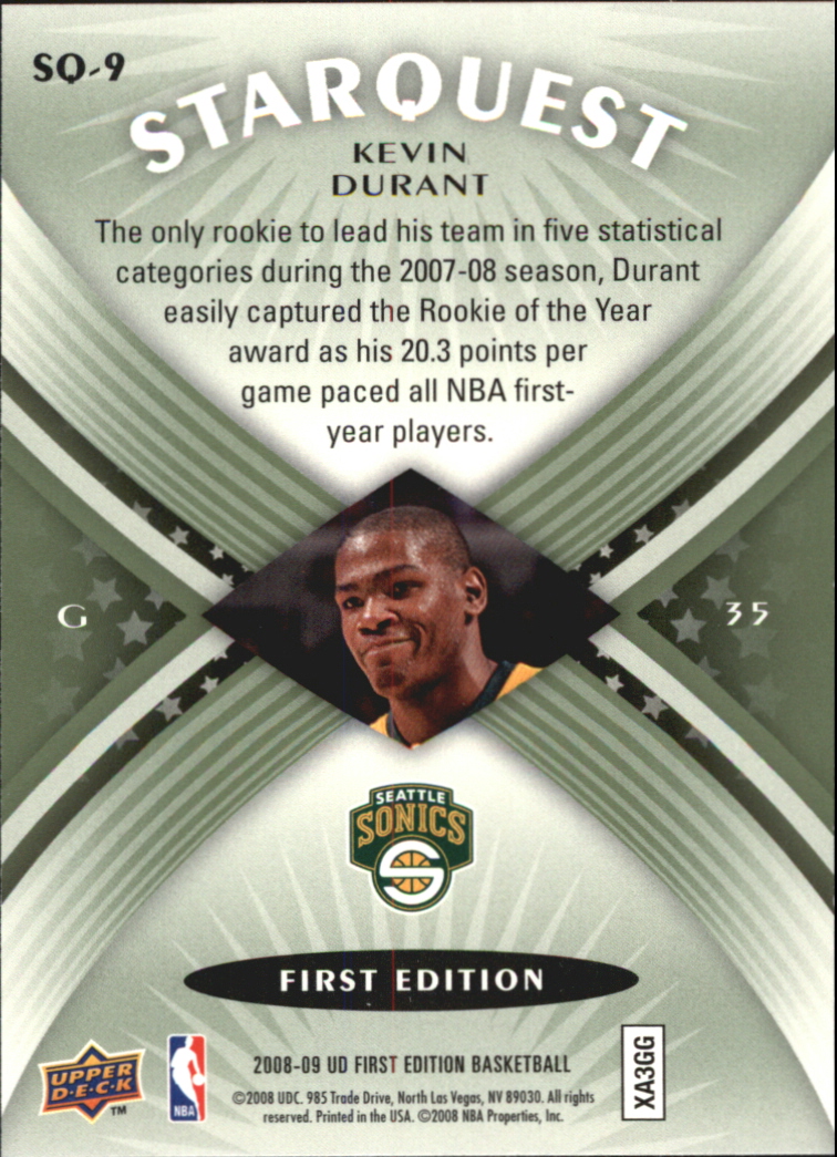 2008-09 Upper Deck First Edition Starquest Green #SQ9 Kevin Durant back image