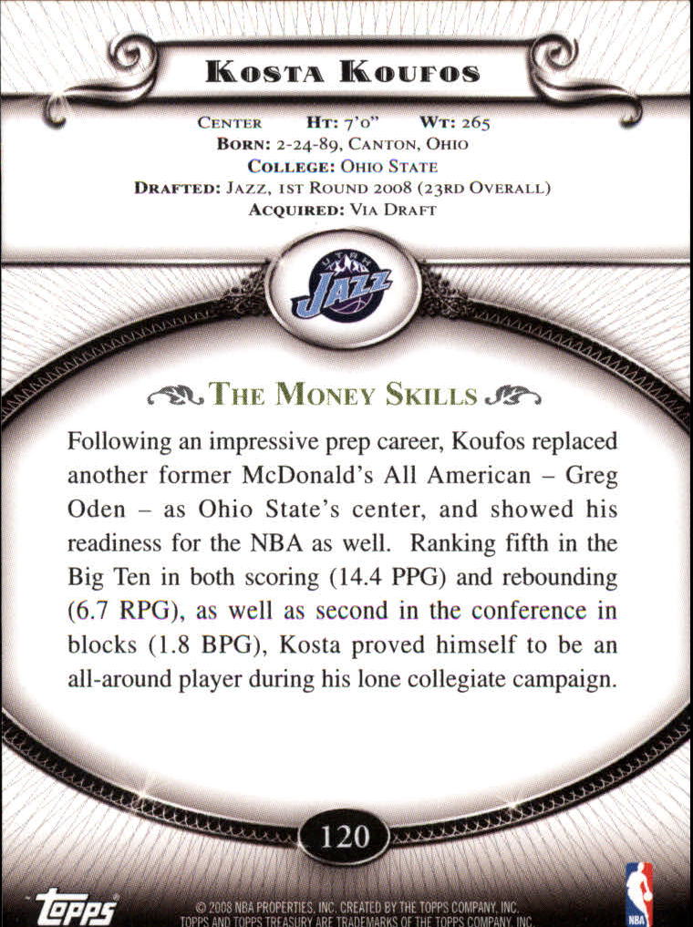 2008-09 Topps Treasury #120 Kosta Koufos RC back image
